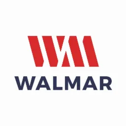 Logo firmy WALMAR z czerwonym abstrakcyjnym symbolem i niebieskim napisem na białym tle.