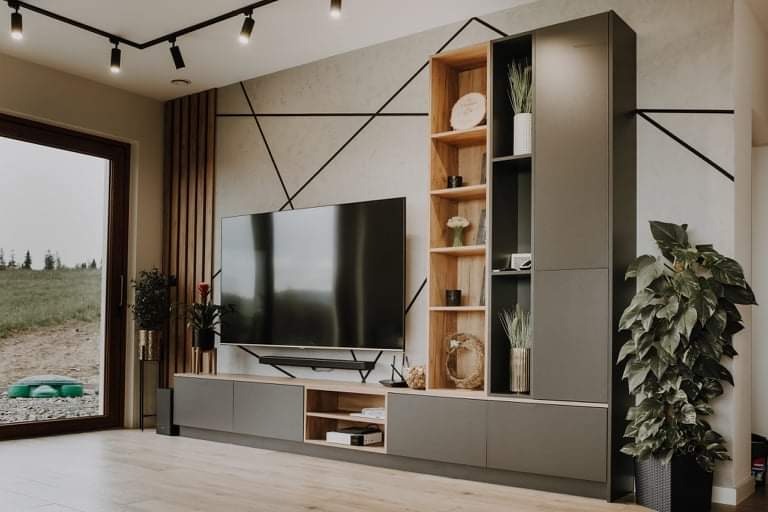 Nowoczesny salon z szaro-drewnianą zabudową meblową, w której skład wchodzi szafka RTV i wysoka szafa z otwartymi półkami, na ścianie dekoracyjne czarne linie, podłoga drewniana, widoczne rośliny...