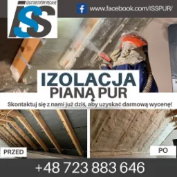 Aplikacja pianki PUR na poddaszu w Stargardzie przez pracownika w kombinezonie ochronnym, widok przed i po izolacji.