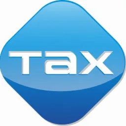 Błyszczący, niebieski romb z białą, trójwymiarową inskrypcją 'Tax' z cieniem.