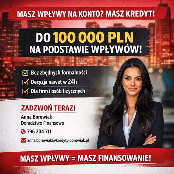 Kobieta w garniturze na tle panoramy miasta, oferta kredytu do 100 000 PLN na podstawie wpływów, szybka decyzja, dla firm i osób fizycznych. Dane kontaktowe.