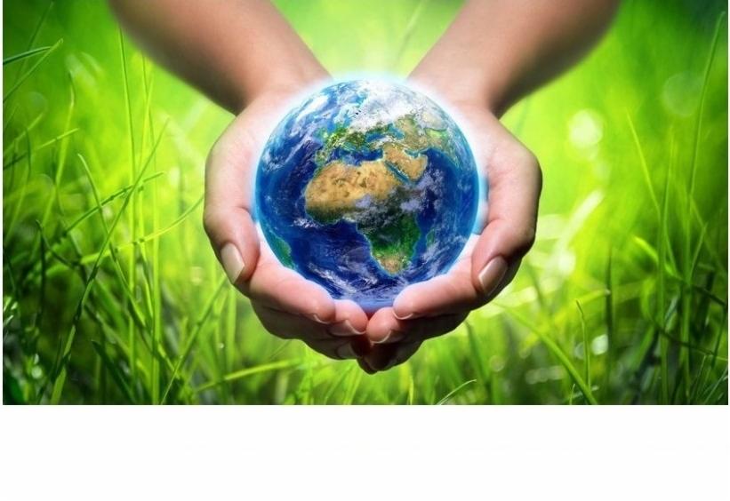Dłonie trzymające model Ziemi na tle zielonej trawy, symbol ekologii i dbałości o planetę.