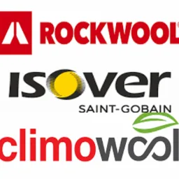 Kompilacja logo producentów materiałów izolacyjnych: Rockwool, Isover Saint-Gobain, Climowool.