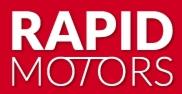 Logo firmy Rapid Motors na czerwonym tle, biały napis w dwóch wierszach.