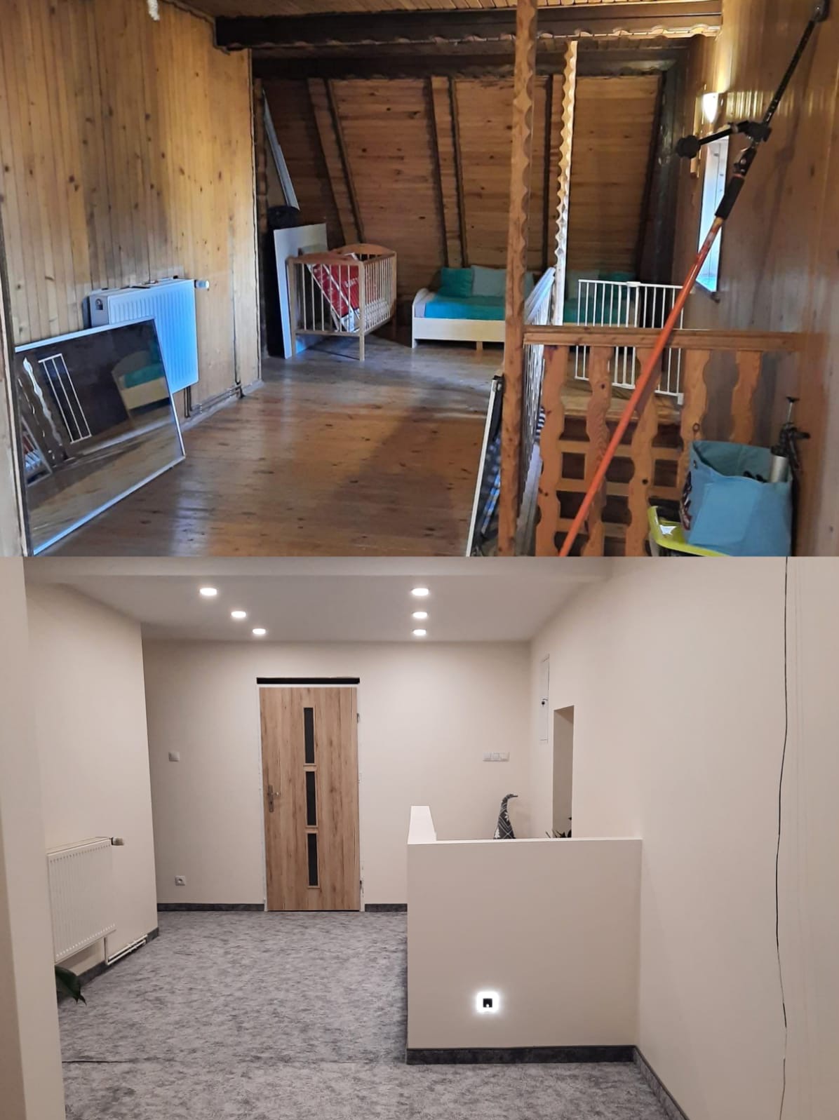 Porównanie wnętrza przed i po remoncie: drewniane ściany i podłoga na poddaszu kontra jasne ściany, sufit z oświetleniem punktowym i nowa podłoga na dole.