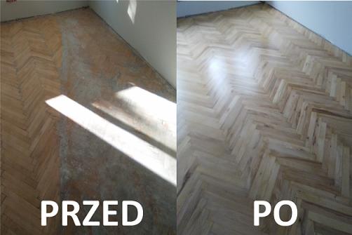 Parkiet w jodełkę: porównanie stanu przed i po renowacji, widoczne różnice w kolorze i połysku drewna.