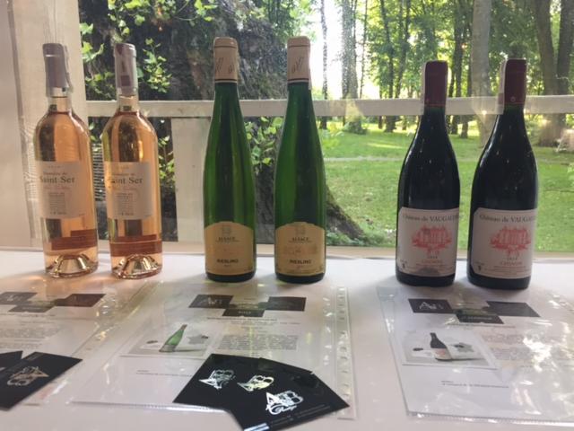 Różne rodzaje wina (różowe, białe, czerwone) ustawione na stole z broszurami informacyjnymi i wizytówkami na tle okna z widokiem na zieleń.