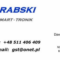 Wizytówka firmy Grabski Smart-Tronik z numerem telefonu, adresem e-mail i ikonami związanymi z monitoringiem, alarmami i inteligentnym domem.