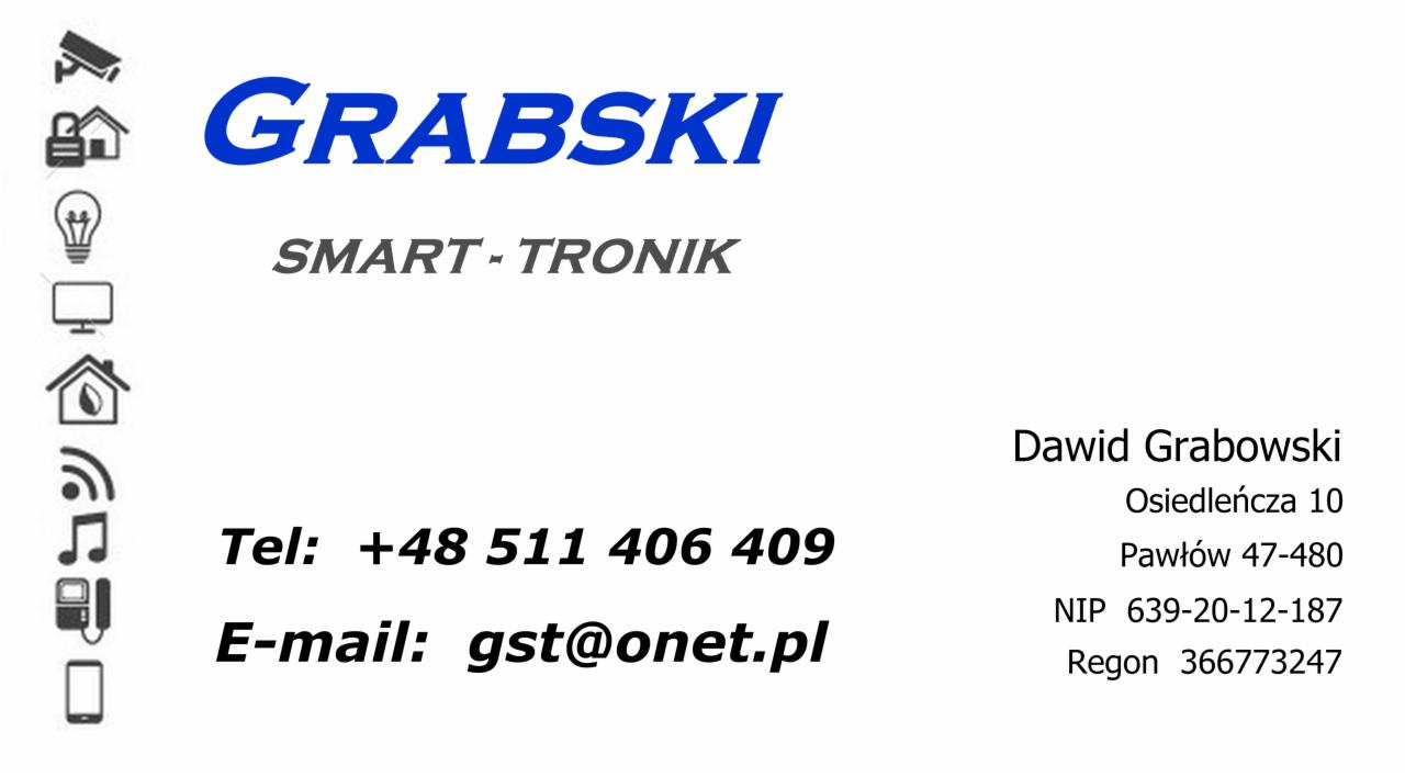 Wizytówka firmy Grabski Smart-Tronik z numerem telefonu, adresem e-mail i ikonami związanymi z monitoringiem, alarmami i inteligentnym domem.