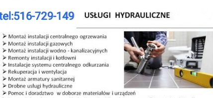 Ulotka reklamowa usług hydraulicznych z numerem telefonu, listą usług i zdjęciem instalacji hydraulicznej w łazience w tle.