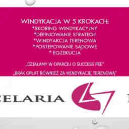 Grafika reklamowa kancelarii prawnej oferującej usługi w 5 krokach, w tym windykację terenową i postępowanie sądowe, z informacją o działaniu w oparciu o success fee.