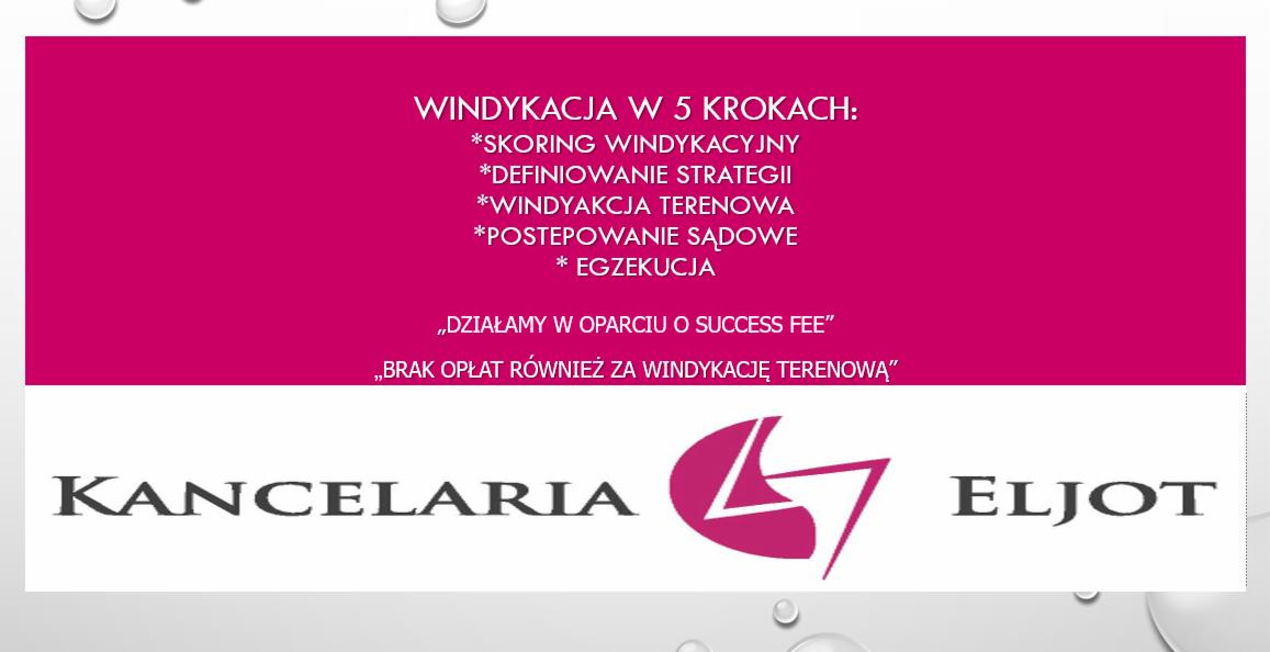 Grafika reklamowa kancelarii prawnej oferującej usługi w 5 krokach, w tym windykację terenową i postępowanie sądowe, z informacją o działaniu w oparciu o success fee.