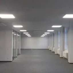 Wnętrze biurowe z rzędem okien po prawej stronie i szklaną ścianą po lewej, oświetlone kwadratowymi lampami sufitowymi