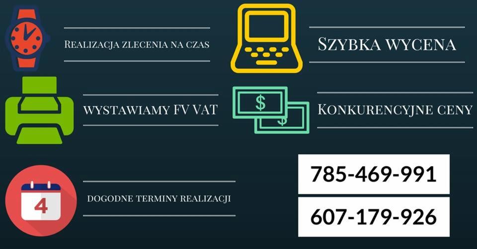 Grafika reklamowa firmy oferującej usługi transportowe: zegarek symbolizujący realizację zleceń na czas, laptop oznaczający szybką wycenę, drukarka i banknoty oznaczające wystawianie faktur VAT...