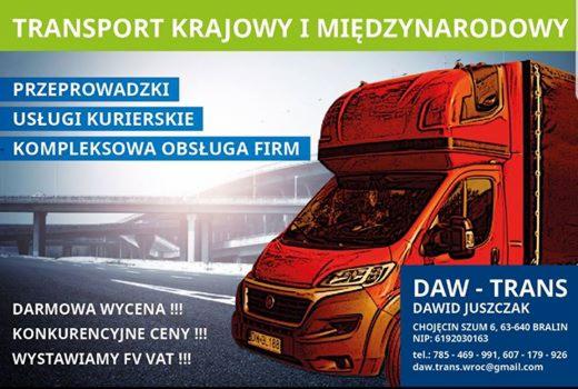 Grafika reklamowa firmy transportowej DAW-TRANS z czerwonym busem na tle wiaduktu, oferującej przeprowadzki, usługi kurierskie i kompleksową obsługę firm, z informacjami kontaktowymi i hasłami...