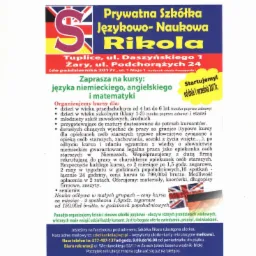 Ulotka reklamowa prywatnej szkoły językowej Rikola z ofertą kursów języka niemieckiego, angielskiego i matematyki dla różnych grup wiekowych, w tym kursów dla opiekunek osób starszych,...