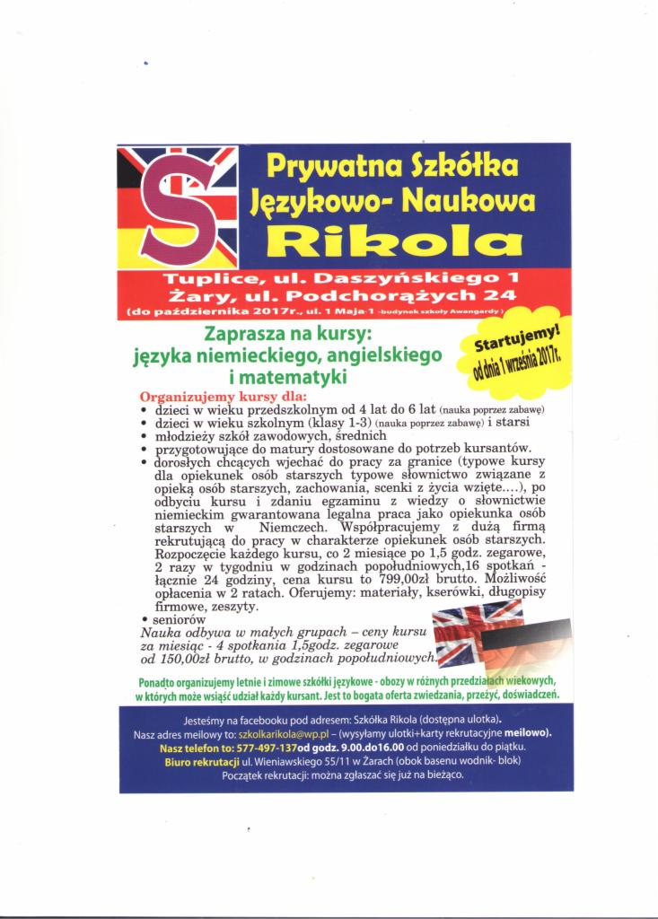 Ulotka reklamowa prywatnej szkoły językowej Rikola z ofertą kursów języka niemieckiego, angielskiego i matematyki dla różnych grup wiekowych, w tym kursów dla opiekunek osób starszych,...