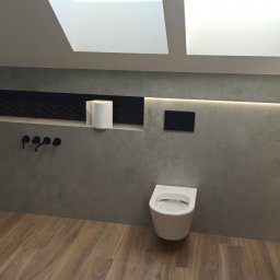 FHU Karol Formela - Nowoczesna łazienka na poddaszu z drewnopodobną podłogą, szarą płytką, podświetleniem LED i czarną armaturą. Uwagę zwraca wnęka z dekoracyjną mozaiką.