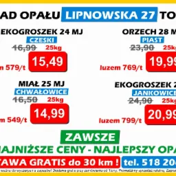 Plakat reklamowy składu opału w Toruniu, Lipnowska 27, oferującego ekogroszek, orzech i miał w atrakcyjnych cenach z darmową dostawą do 30 km.