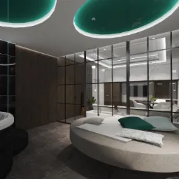 Apartament pod wynajem z jacuzzi i sauną. Sypialnia oddzielona od strefy dziennej loftową, szklaną ścianą.