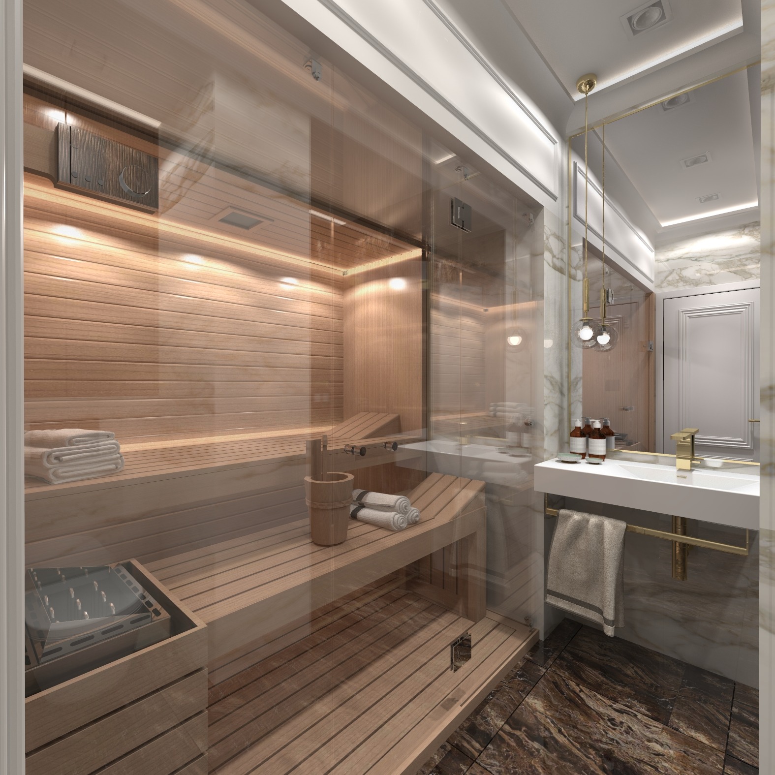 Nowoczesna łazienka z przeszkloną sauną z drewnianym wnętrzem, widoczne ręczniki, wiaderko, piec i marmurowe wykończenie.