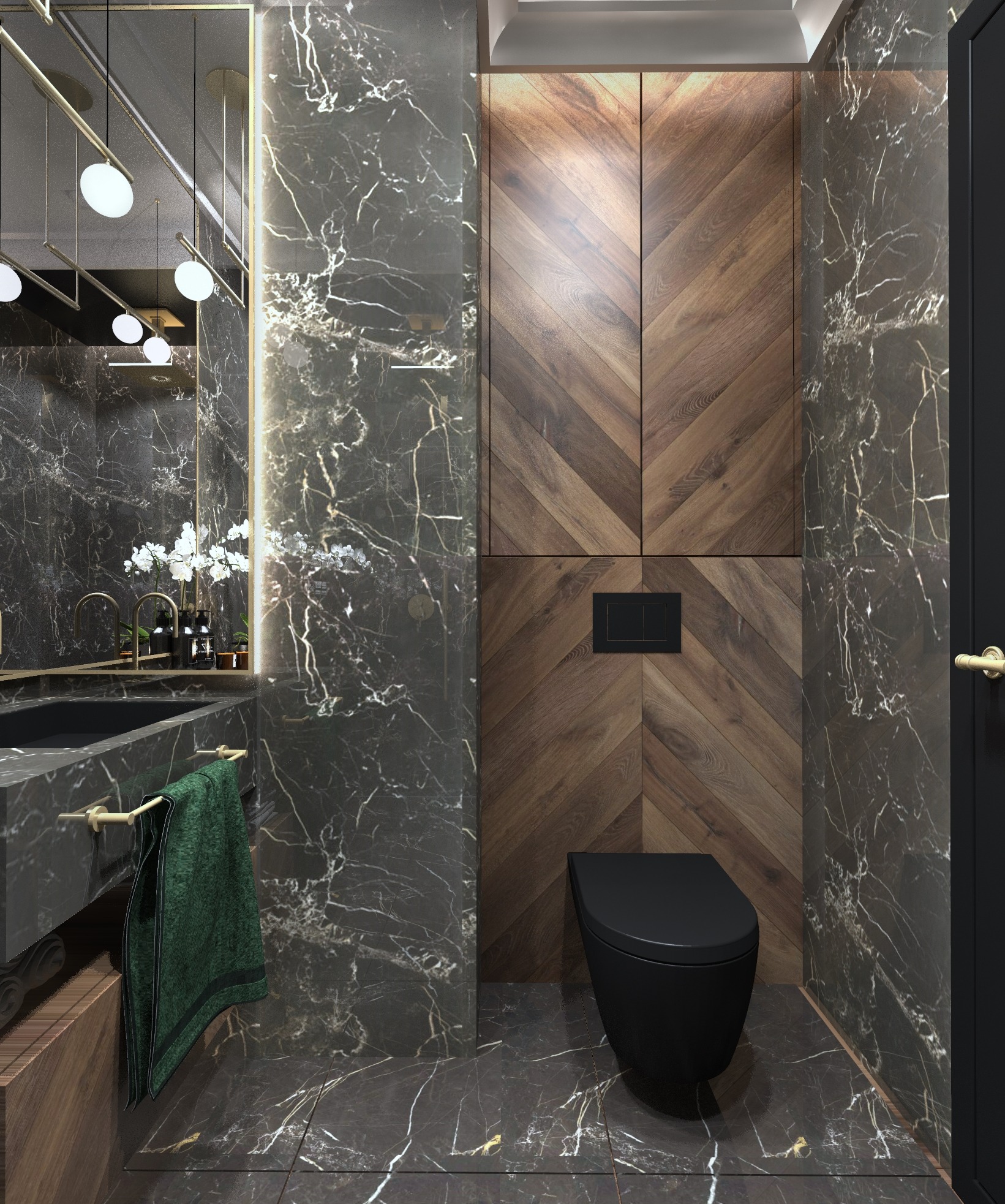 Nowoczesna łazienka z czarnymi marmurowymi płytkami, drewnianą zabudową w jodełkę, czarną miską WC i umywalką oraz złotymi akcentami w oświetleniu i armaturze.