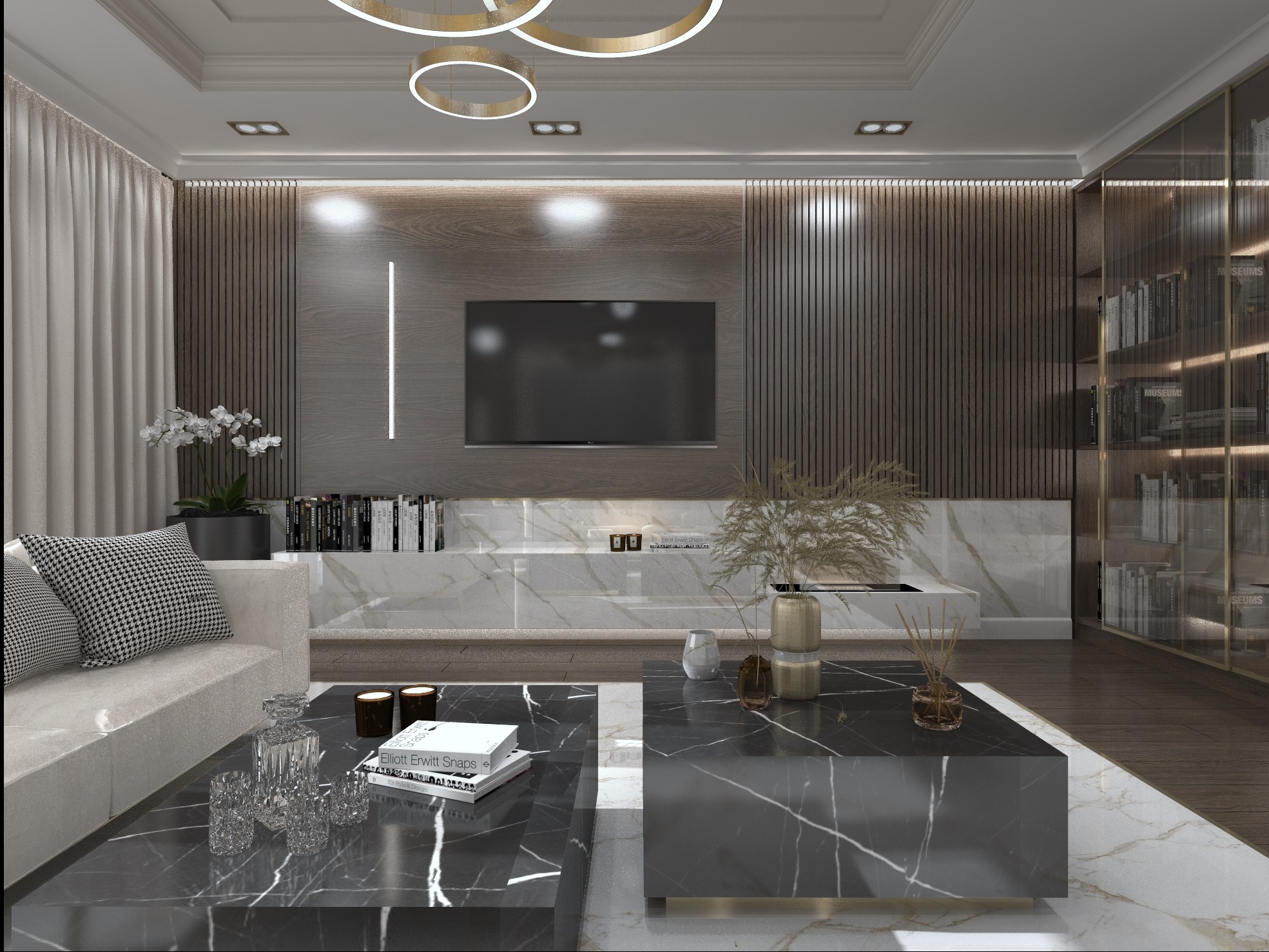 Nowoczesny salon z podwójnym stolikiem kawowym z czarnego marmuru, telewizorem na ścianie z drewnianymi panelami i oświetleniem LED w kształcie okręgów.