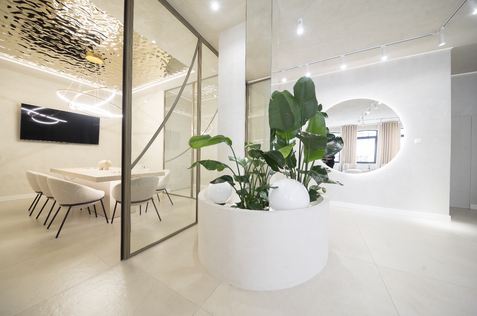 Jasne, minimalistyczne wnętrze biura z przeszkloną salą konferencyjną, roślinami w okrągłej donicy i okrągłym lustrem na ścianie.