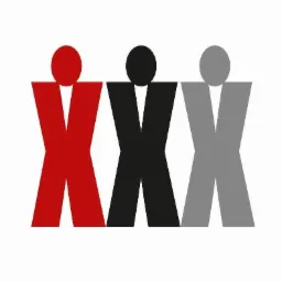 Abstrakcyjne logo przedstawiające trzy postacie złączone ramionami, każda w innym kolorze: czerwonym, czarnym i szarym, na białym tle.