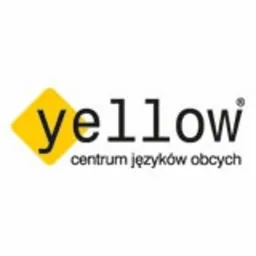 Logo Yellow centrum języków obcych z żółtym kwadratem w lewym górnym rogu nazwy firmy.