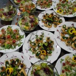 Stół cateringowy z różnorodnymi przekąskami: sałatki w szklanych misach, kanapeczki z pastą szpinakową i jadalnymi kwiatami na białych talerzach z motywem kwiatowym, kompozycje z melona, truskawek...