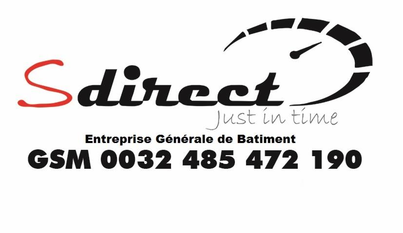 Logo firmy budowlanej Sdirect z hasłem 'Just in time', numerem telefonu i opisem 'Entreprise Générale de Batiment'.
