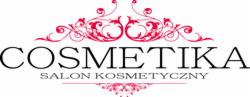 Logo firmy z napisem 'COSMETIKA SALON KOSMETYCZNY' z ozdobnymi elementami w kolorze różowym nad i pod tekstem.