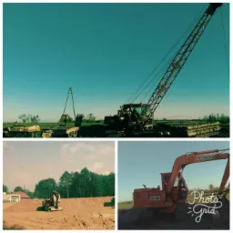 Kompozycja trzech kadrów: ciężki dźwig Hitachi na tle błękitnego nieba, pracująca koparka w wykopie oraz zbliżenie koparki z widocznym logo Hitachi i oznaczeniem UH 025.