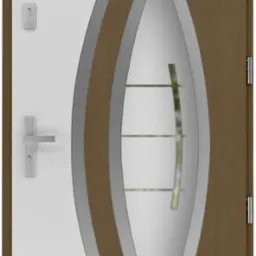 Białe drzwi zewnętrzne z drewnianymi elementami i srebrnymi wstawkami, widoczne klamka, wizjer oraz dzwonek, Tarnobrzeg.