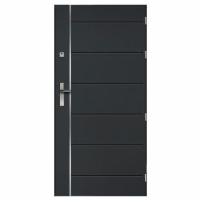 Nowoczesne, grafitowe skrzydło drzwiowe z poziomymi frezowaniami i srebrnym akcentem wzdłuż krawędzi, prezentowane na białym tle.