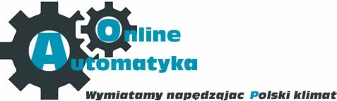 Logo firmy Online Automatyka z elementami graficznymi w postaci kół zębatych i hasłem 'Wymiatamy napędzając Polski klimat'.