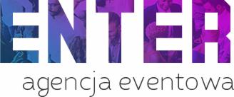 Logo firmy z nazwą 'ENTER' w kolorach gradientu niebiesko-fioletowego, wypełnione sylwetkami osób w trakcie wydarzenia, pod spodem napis 'agencja eventowa'.