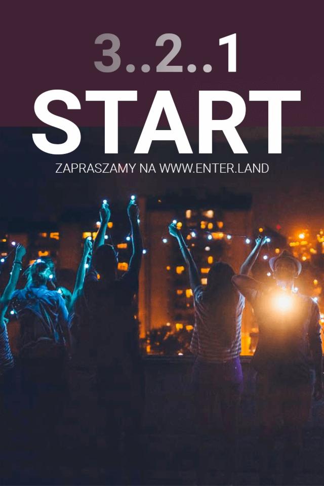Grupa ludzi z podniesionymi rękami trzymającymi światełka na tle nocnego miasta, nad nimi napis '3..2..1 START' i adres strony internetowej.