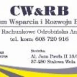 Wizytówka biura rachunkowego z logotypem CW&RB, adresem Al. Jana Pawła II 18/32, 37-480 Stalowa Wola i numerem telefonu 605 720 916.