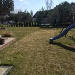 Świeżo skoszony trawnik przydomowy z widocznymi śladami po kosiarce, plac zabaw z niebieską zjeżdżalnią w tle, rząd małych drzewek iglastych wzdłuż ogrodzenia.