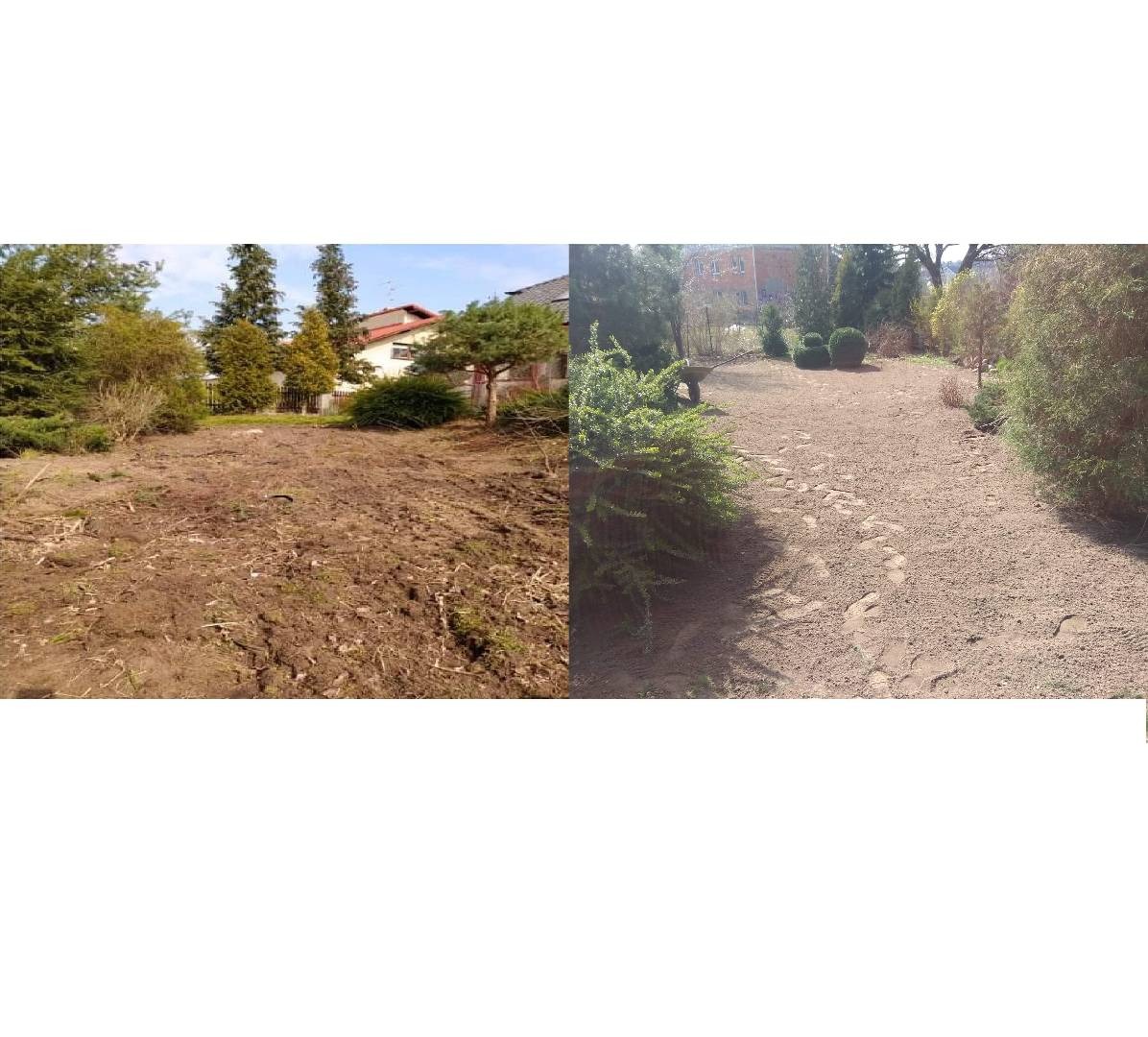 Porównanie stanu ogrodu przed i po: po lewej przekopana, pusta ziemia, po prawej ścieżka z kamieni i zadbane krzewy, sugerujące prace ogrodnicze.