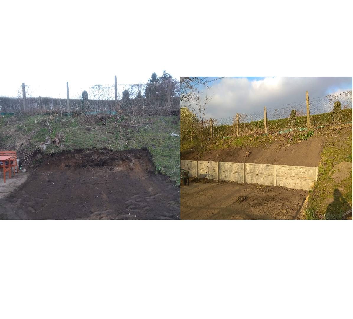 Porównanie stanu działki przed i po budowie betonowego muru oporowego, widoczne zmiany w ukształtowaniu terenu.