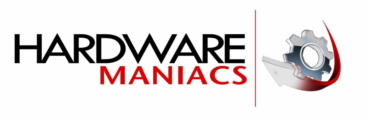 Logo firmy Hardware Maniacs z grafiką koła zębatego i strzałką w kolorze srebrnym i czerwonym na białym tle.