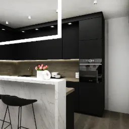 Nowoczesna aranżacja kuchni w Krakowie z czarnymi szafkami, marmurowym blatem baru i minimalistycznym oświetleniem sufitowym w kształcie prostokąta.