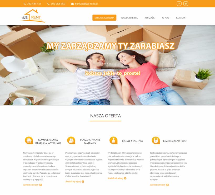 Strona internetowa firmy zajmującej się wynajmem nieruchomości, z uśmiechniętą parą leżącą na dywanie wśród kartonów, symbolizująca hasło 'My zarządzamy, Ty zarabiasz'.