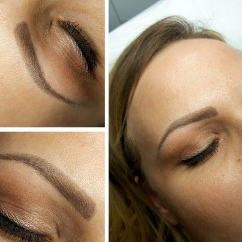 Kobieta z zamkniętymi oczami po zabiegu makijażu permanentnego brwi, widoczne zbliżenia na pojedyncze brwi z różnej perspektywy.