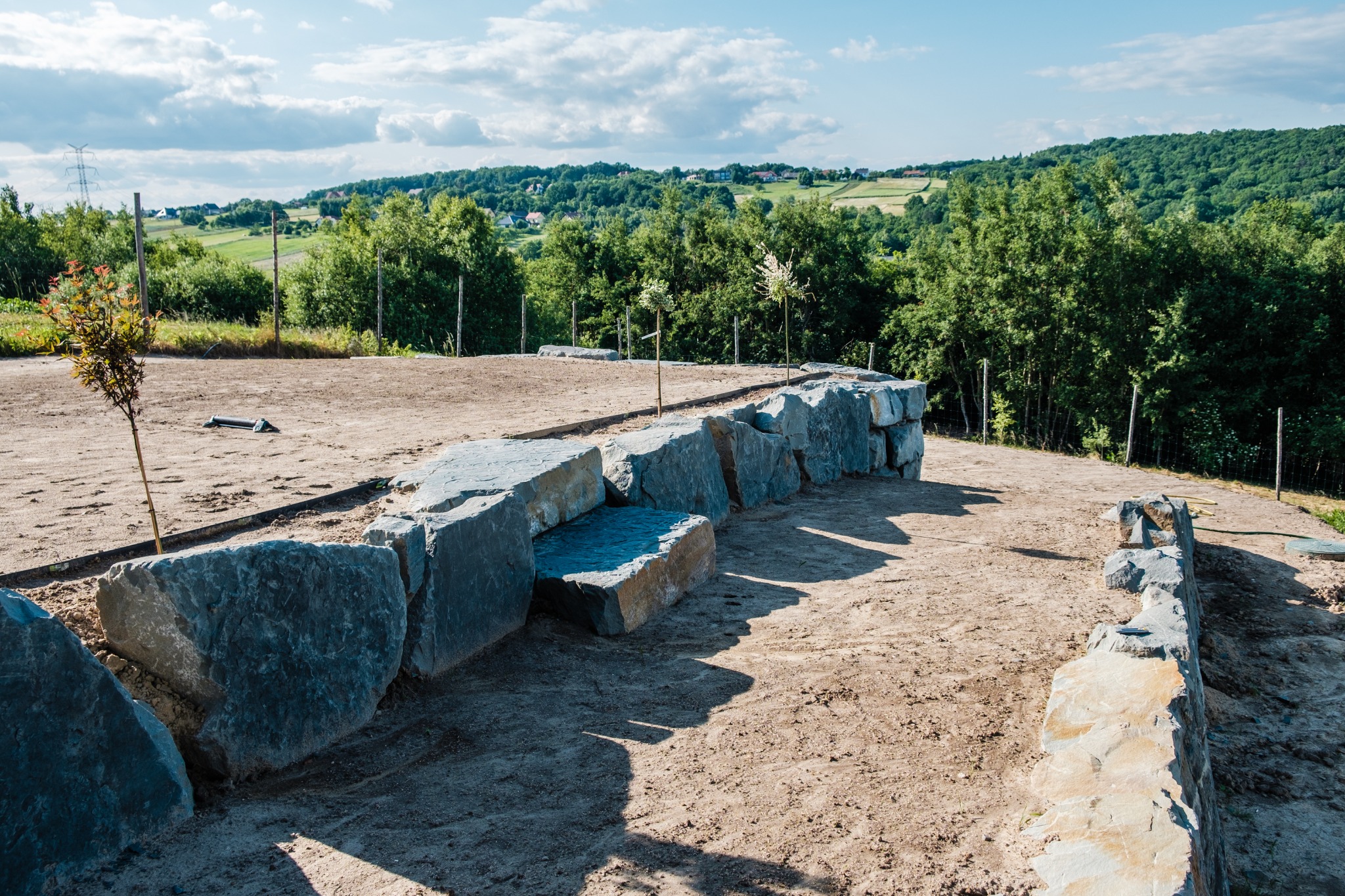 Surowy krajobraz z kamienną ścianą i młodymi drzewkami na piaszczystym podłożu, widok na zielone wzgórza w tle.