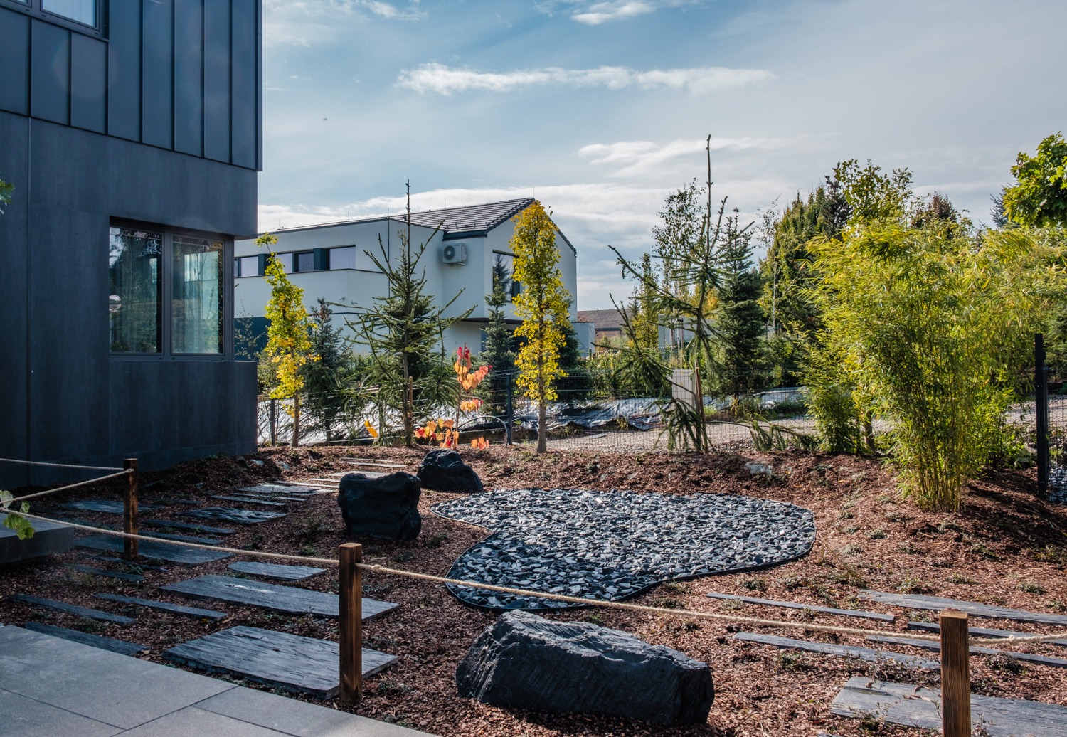 Nowoczesny ogród z kamienną ścieżką, dekoracyjnym żwirowym klombem i młodymi drzewami iglastymi na tle domu o grafitowej elewacji i jasnego budynku sąsiedniego.
