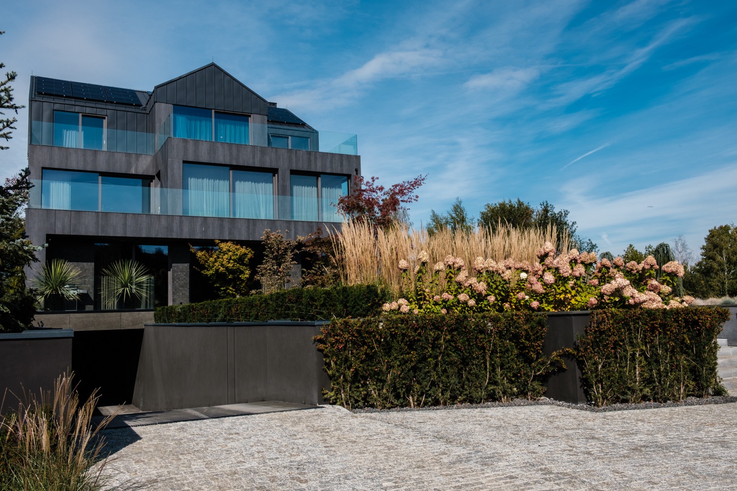 Nowoczesny dom z ciemną elewacją, balkonami z przeszklonymi balustradami i panelami słonecznymi na dachu, otoczony zadbanym ogrodem z kwitnącymi hortensjami, ozdobnymi trawami i żywopłotem, widok...